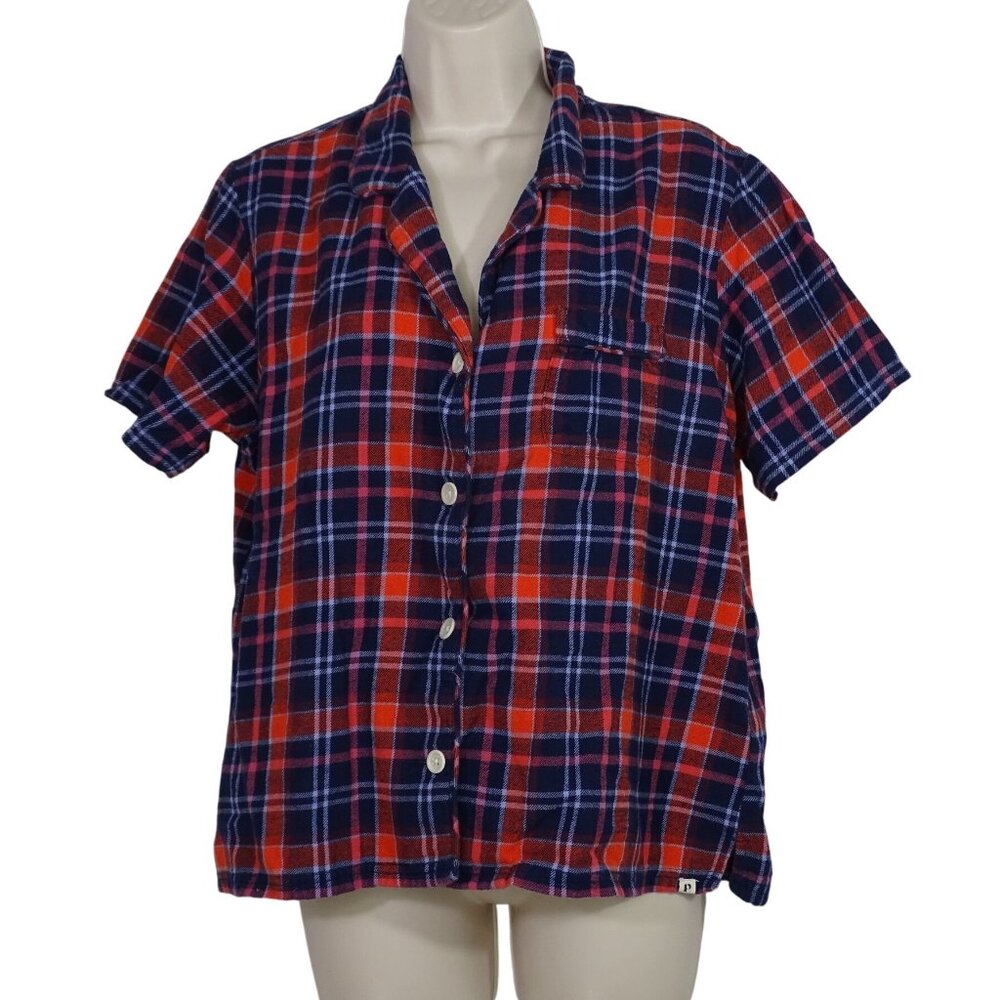 Pact Plaid Flannel Button Up PJ Shirt Red and Blue Women Size M Organic Cotton